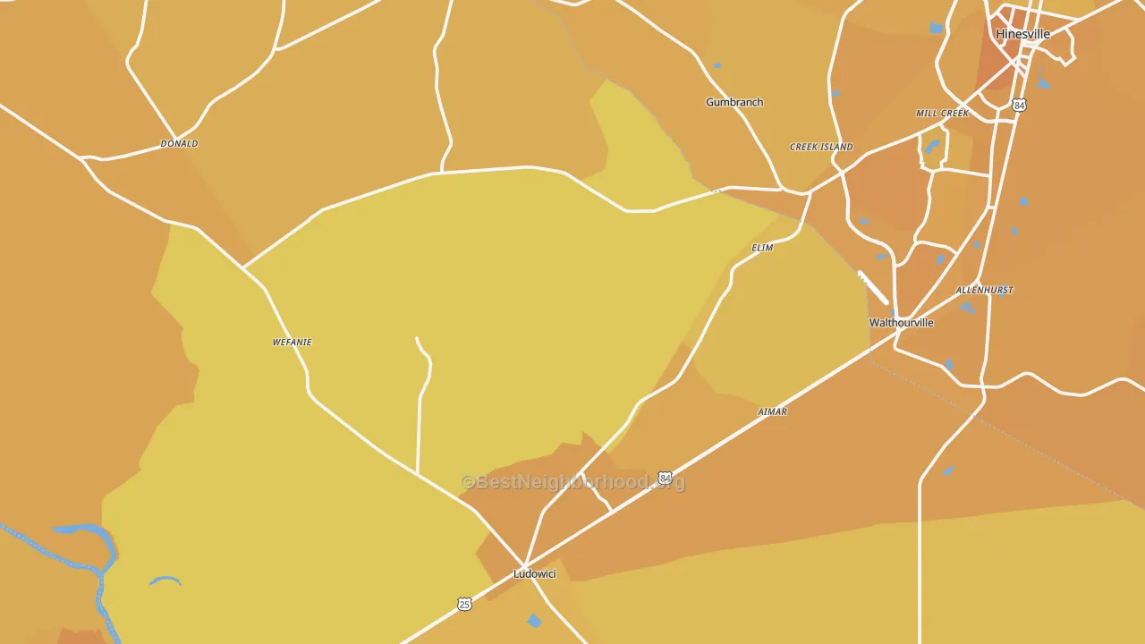 Map of the best neighborhoods in the Long County area, with better matches in green and worse matches in red