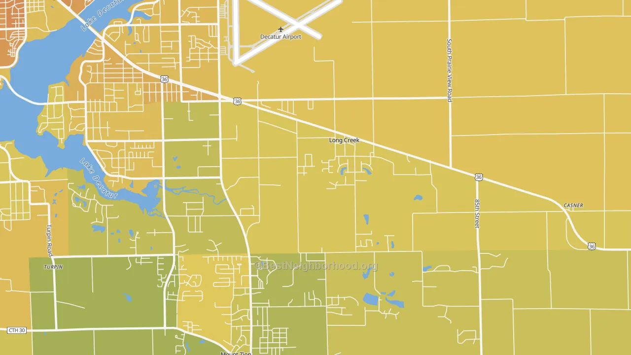 Map of the best neighborhoods in the Long Creek area, with better matches in green and worse matches in red