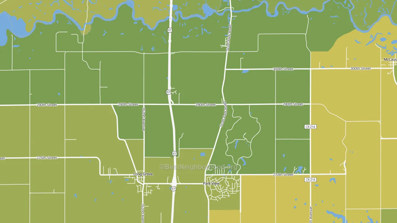 Map of the best neighborhoods in the Long Grove area, with better matches in green and worse matches in red