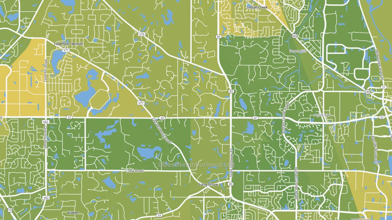 Map of the best neighborhoods in the Long Grove area, with better matches in green and worse matches in red