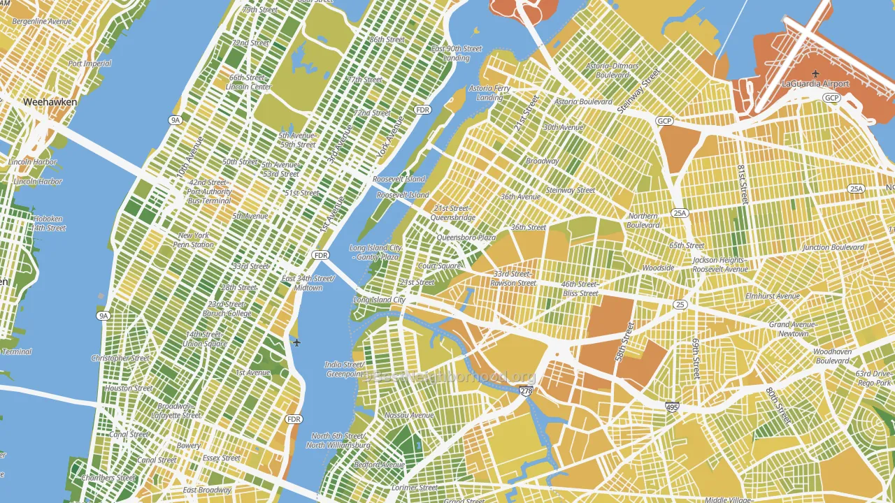 Map of the best neighborhoods in the Long Island City, Queens area, with better matches in green and worse matches in red