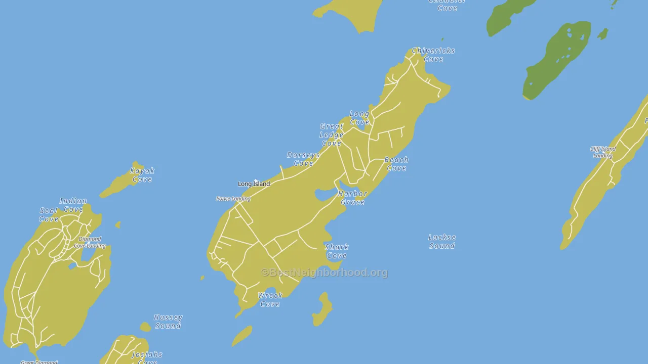 Map of the best neighborhoods in the Long Island area, with better matches in green and worse matches in red