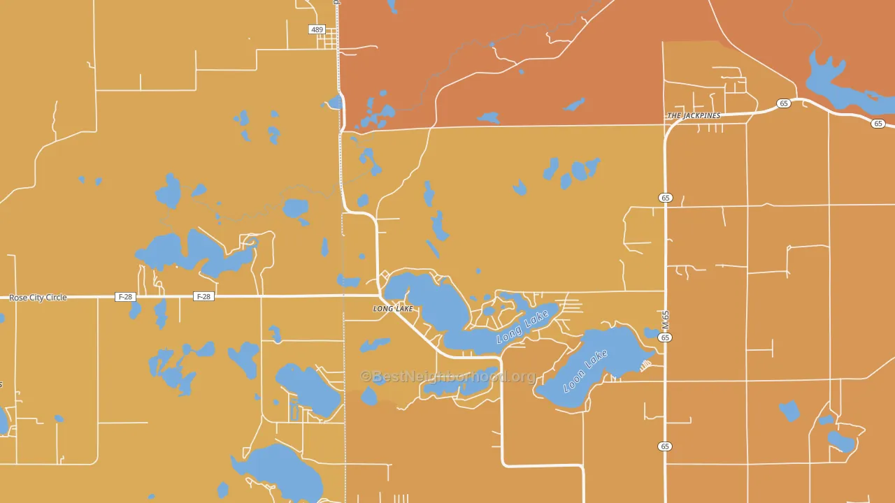 Map of the best neighborhoods in the Long Lake area, with better matches in green and worse matches in red
