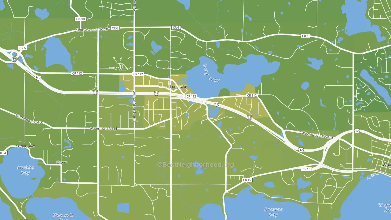 Map of the best neighborhoods in the Long Lake area, with better matches in green and worse matches in red