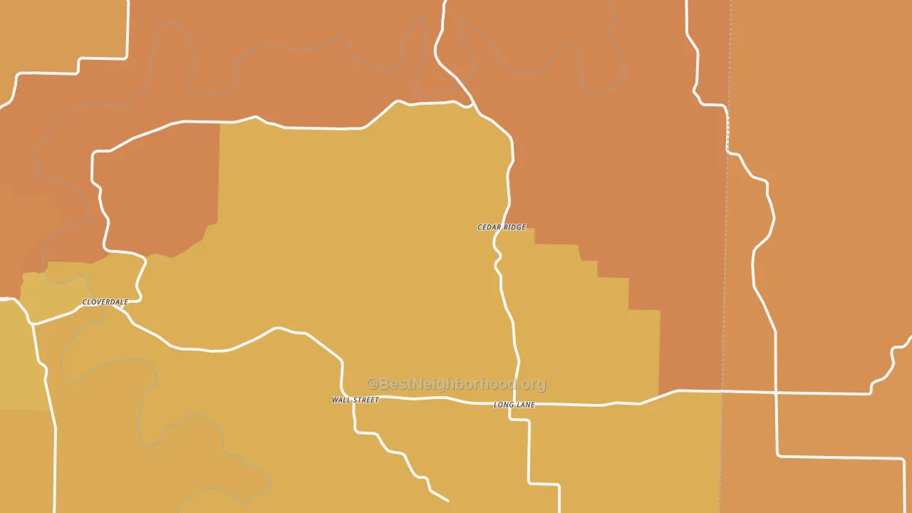 Map of the best neighborhoods in the Long Lane area, with better matches in green and worse matches in red