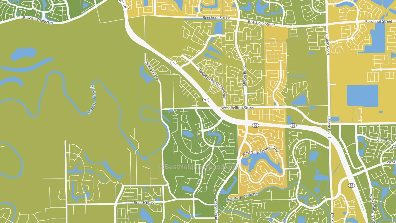 Map of the best neighborhoods in the Long Meadow Farms, Richmond area, with better matches in green and worse matches in red