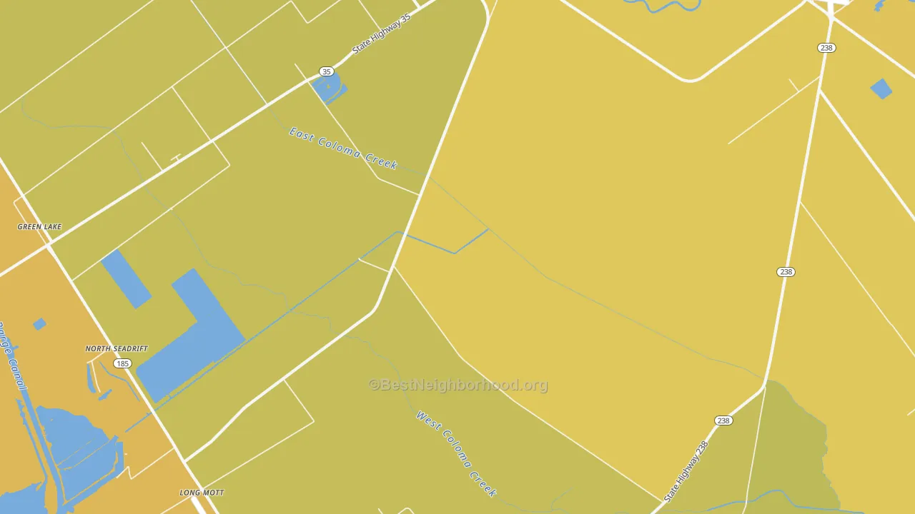 Map of the best neighborhoods in the Long Mott area, with better matches in green and worse matches in red
