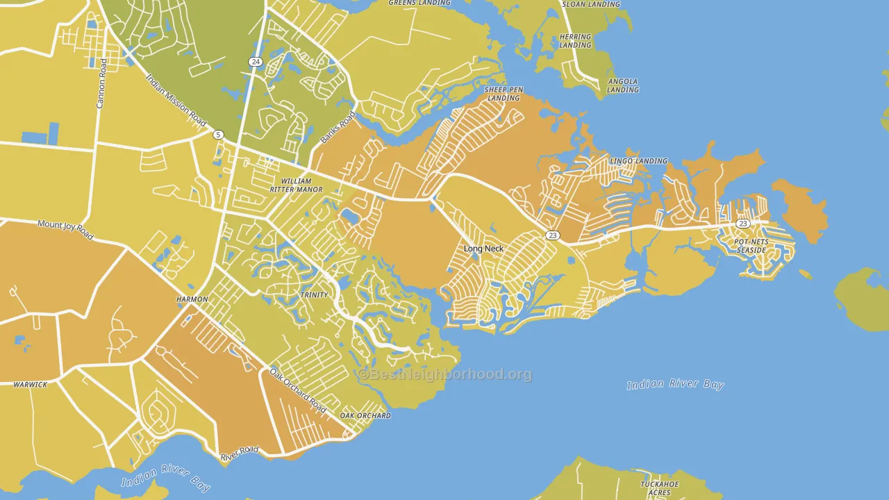 Map of the best neighborhoods in the Long Neck area, with better matches in green and worse matches in red