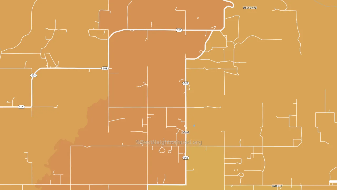 Map of the best neighborhoods in the Long area, with better matches in green and worse matches in red