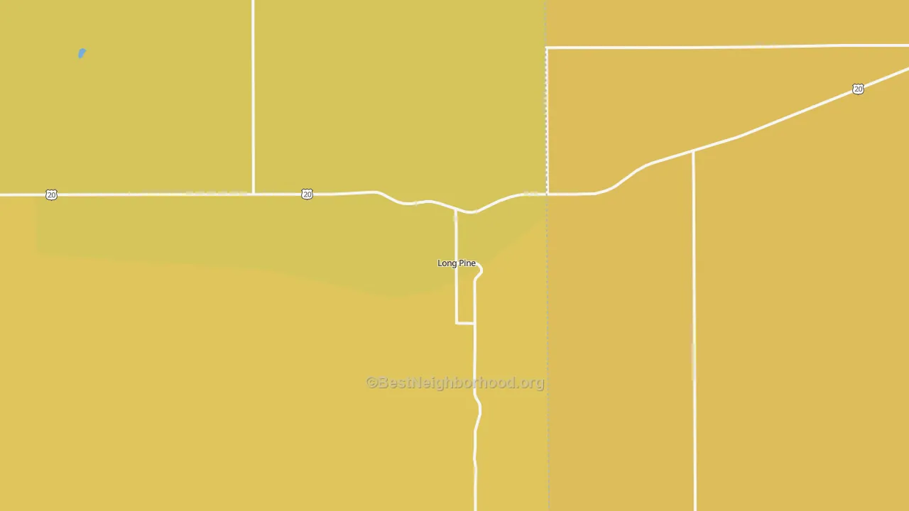 Map of the best neighborhoods in the Long Pine area, with better matches in green and worse matches in red