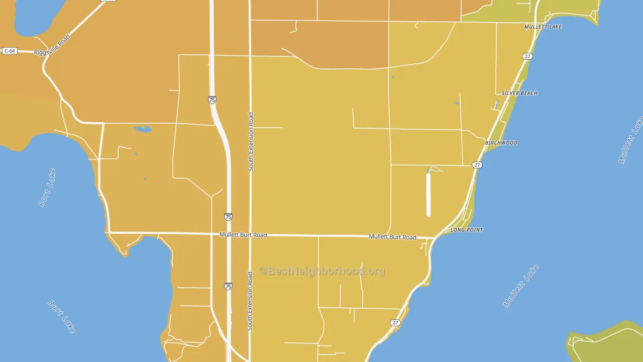 Map of the best neighborhoods in the Long Point area, with better matches in green and worse matches in red