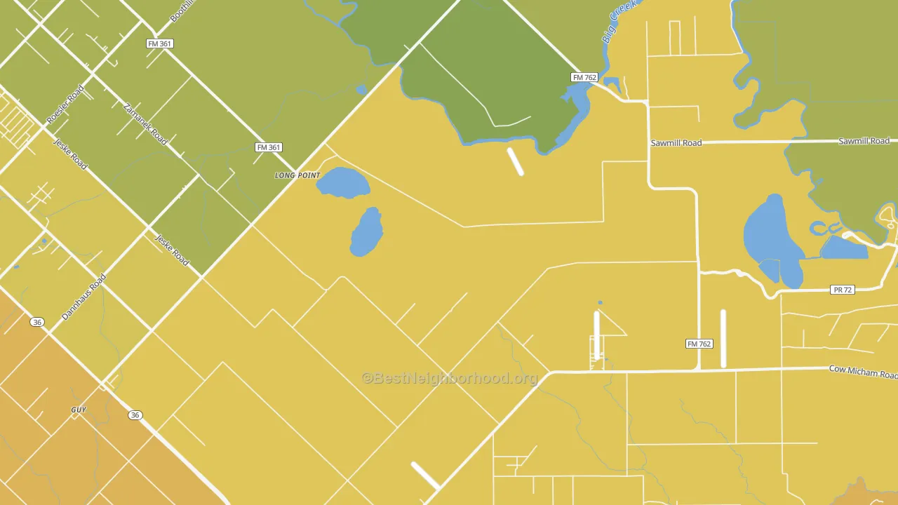 Map of the best neighborhoods in the Long Point area, with better matches in green and worse matches in red