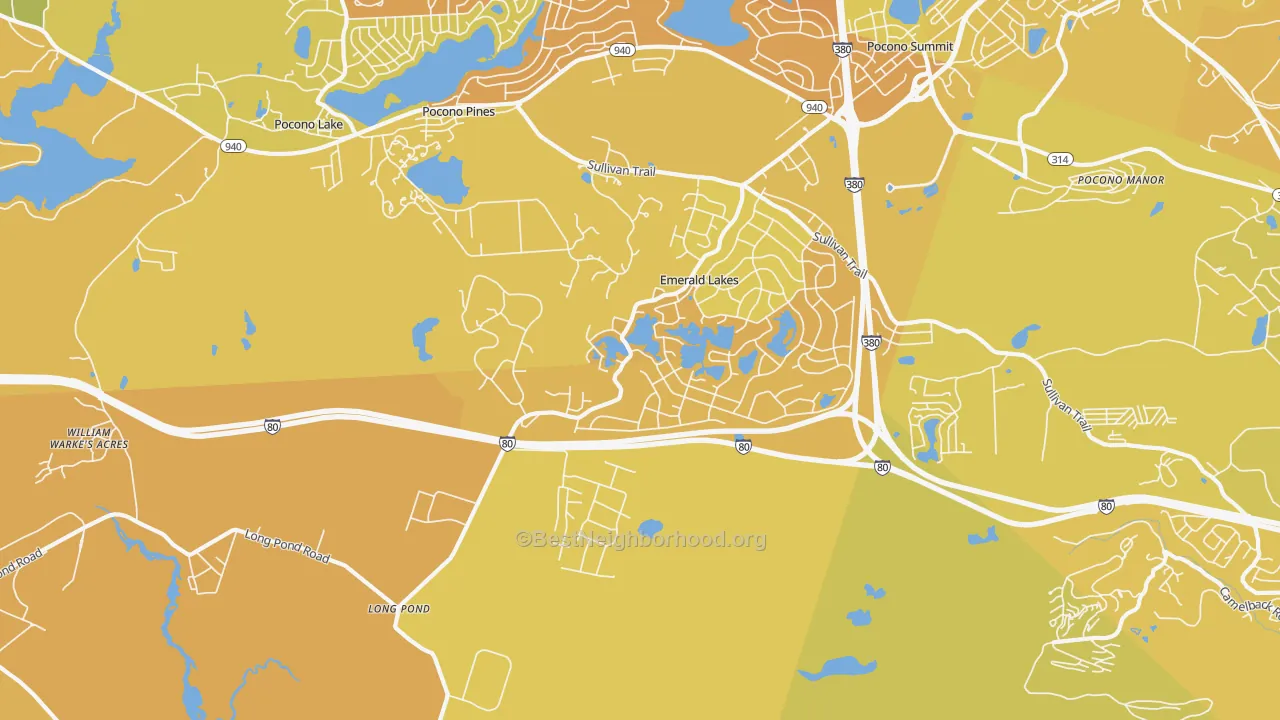 Map of the best neighborhoods in the Long Pond area, with better matches in green and worse matches in red