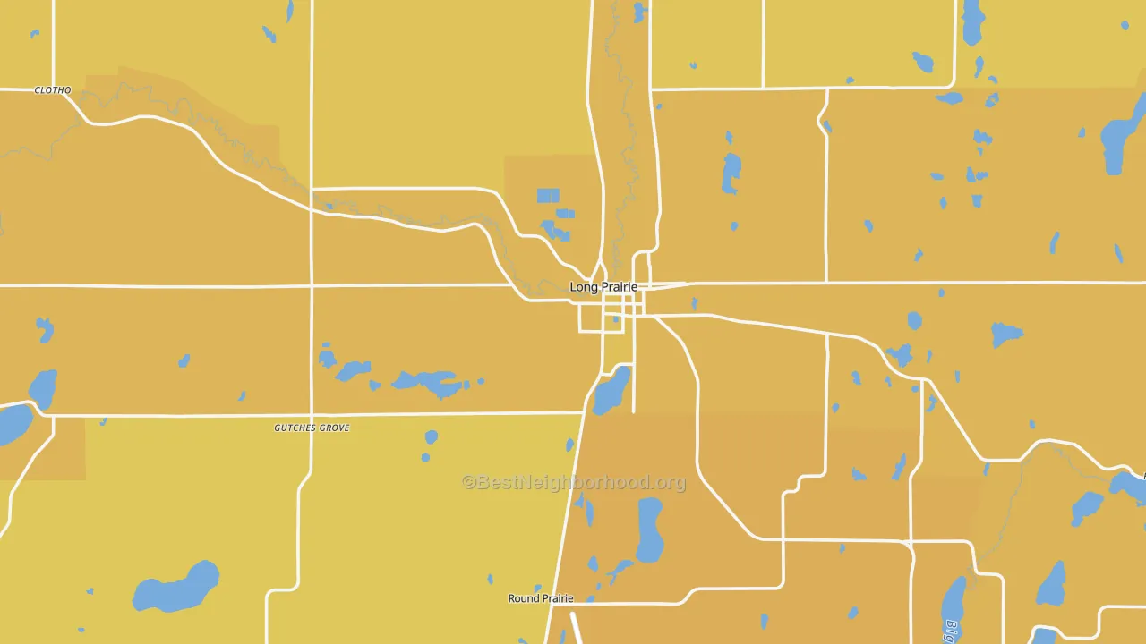Map of the best neighborhoods in the Long Prairie area, with better matches in green and worse matches in red