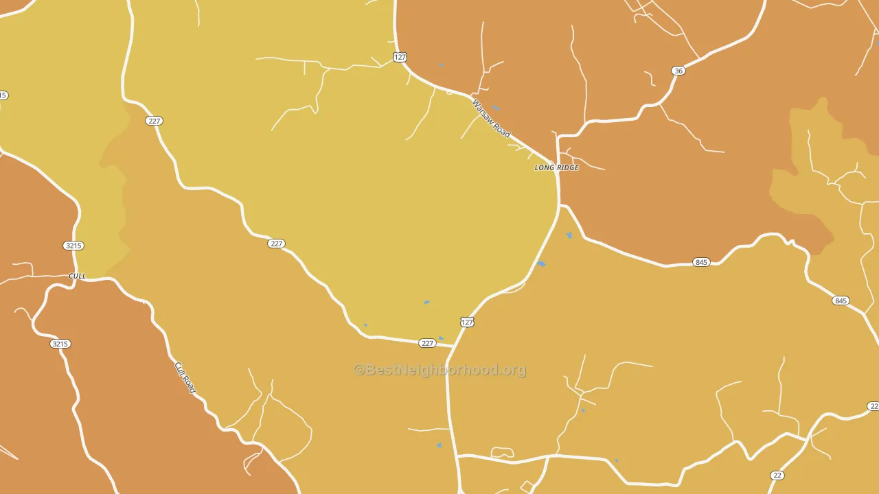 Map of the best neighborhoods in the Long Ridge area, with better matches in green and worse matches in red