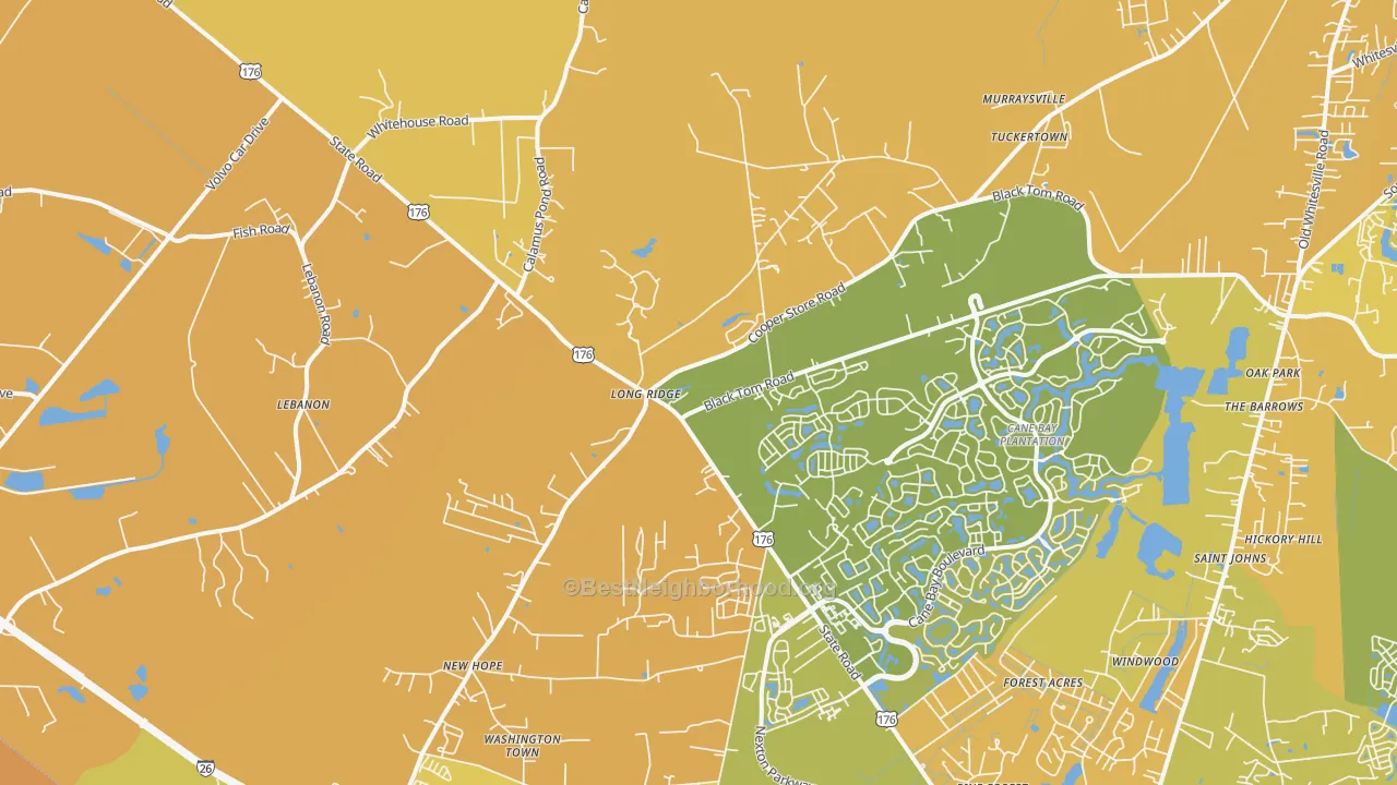 Map of the best neighborhoods in the Long Ridge area, with better matches in green and worse matches in red