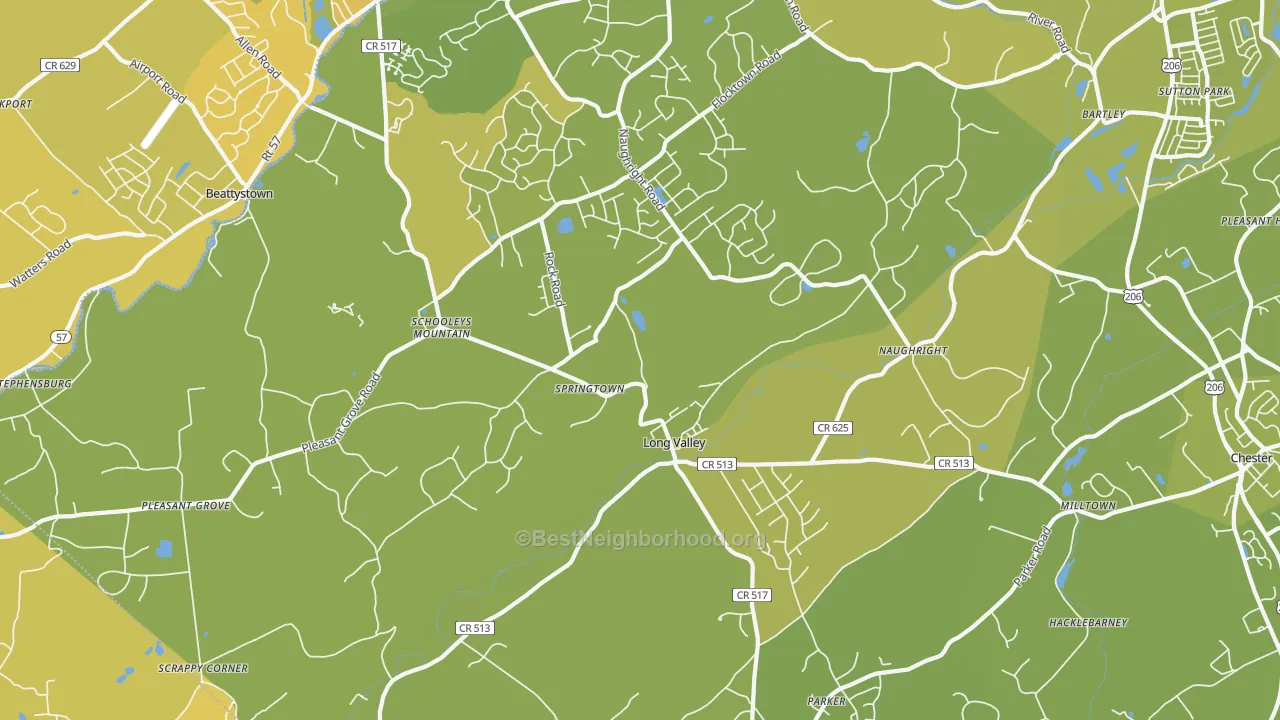 Map of the best neighborhoods in the Long Valley area, with better matches in green and worse matches in red