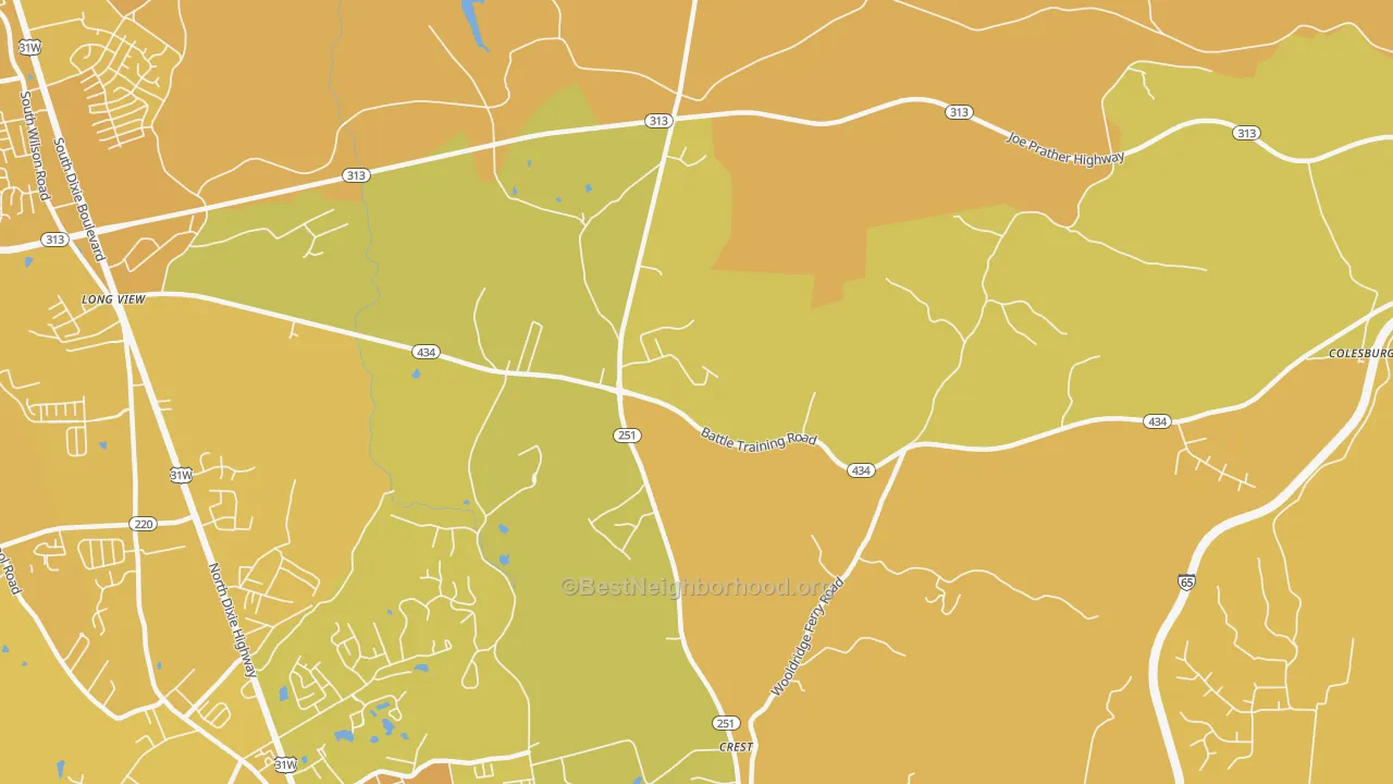 Map of the best neighborhoods in the Long View area, with better matches in green and worse matches in red