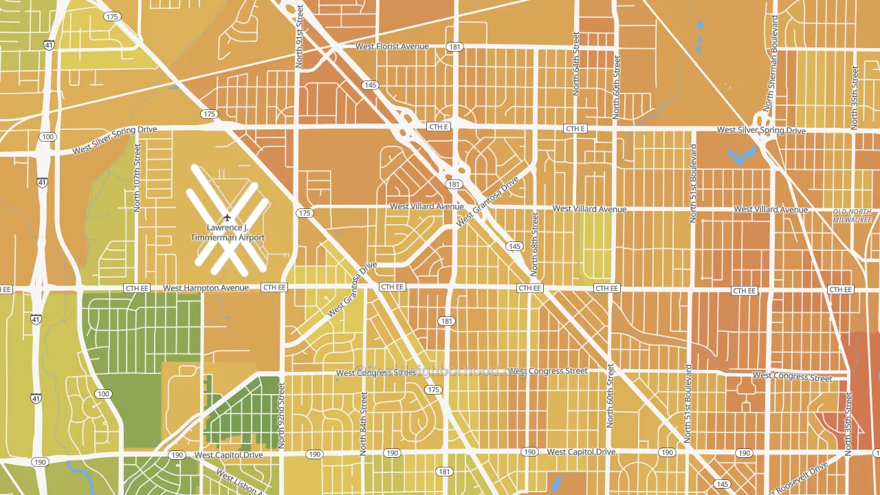 Map of the best neighborhoods in the Long View, Milwaukee area, with better matches in green and worse matches in red