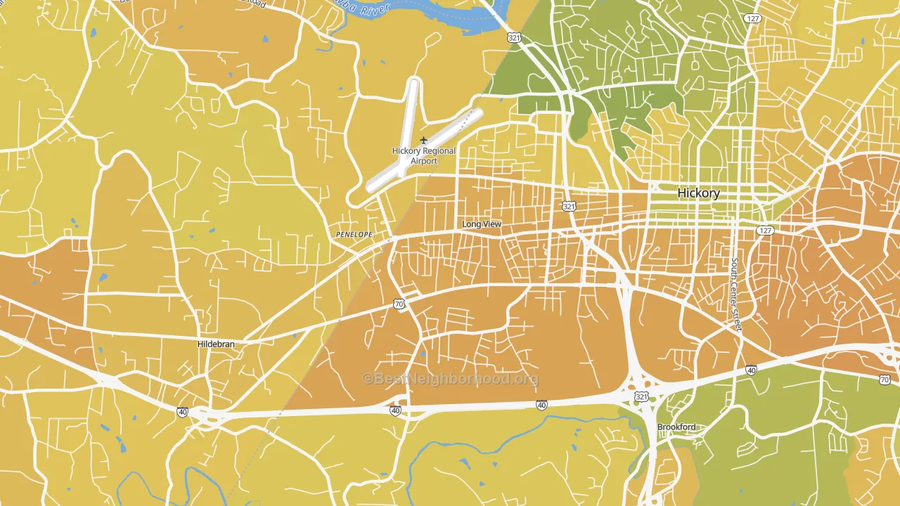 Map of the best neighborhoods in the Long View area, with better matches in green and worse matches in red