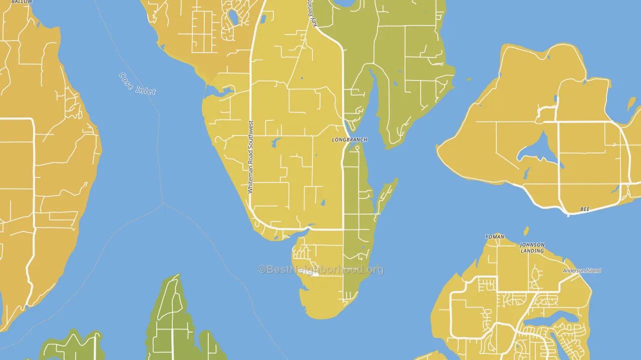 Map of the best neighborhoods in the Longbranch area, with better matches in green and worse matches in red