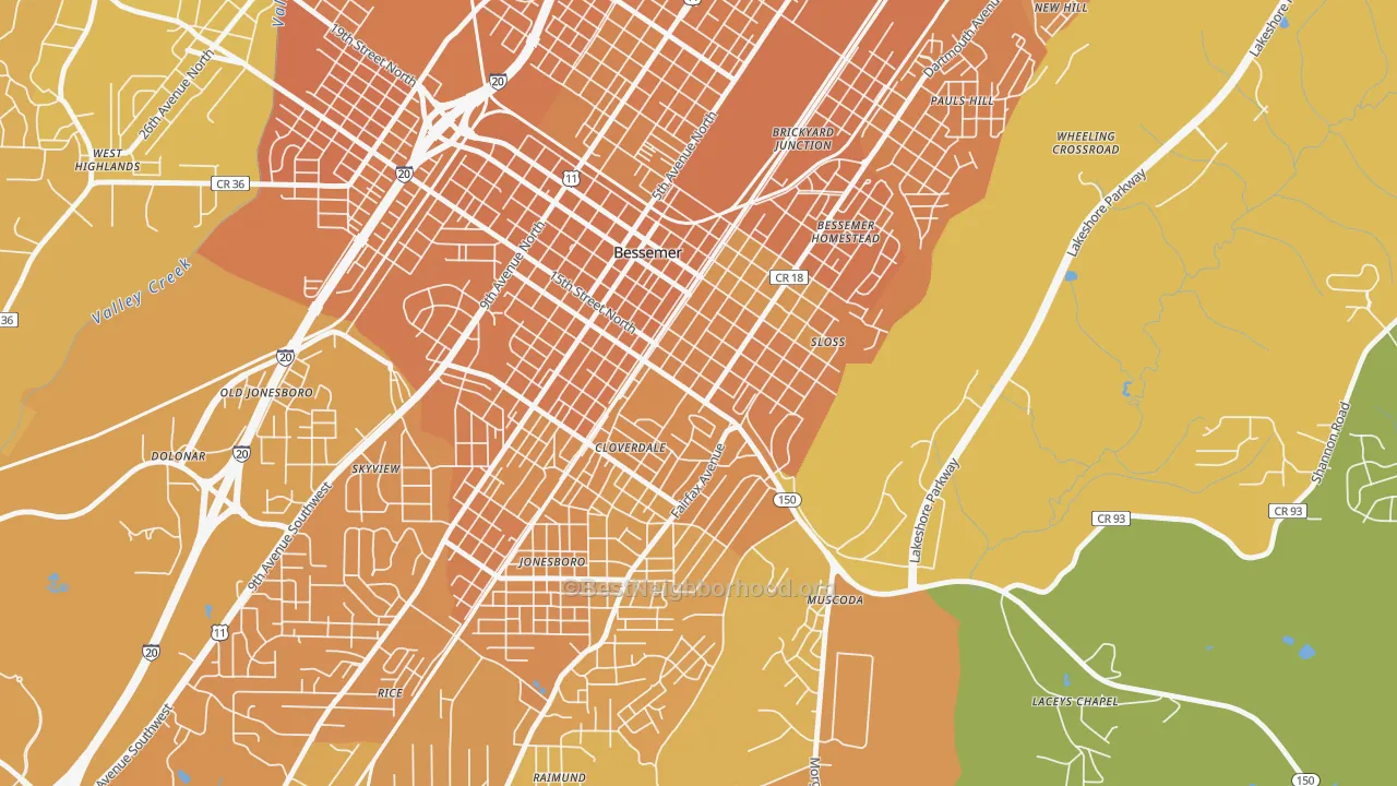 Map of the best neighborhoods in the Longbrook Estates, Bessemer area, with better matches in green and worse matches in red