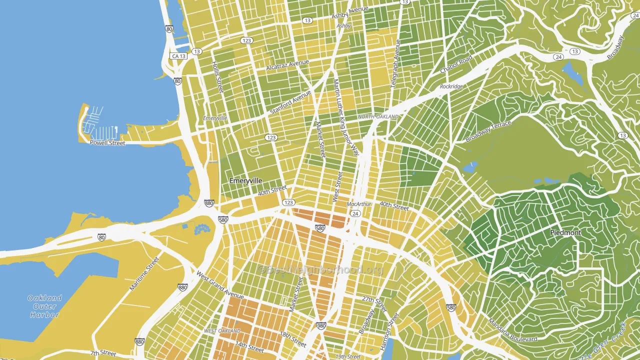 Map of the best neighborhoods in the Longfellow, Emeryville area, with better matches in green and worse matches in red