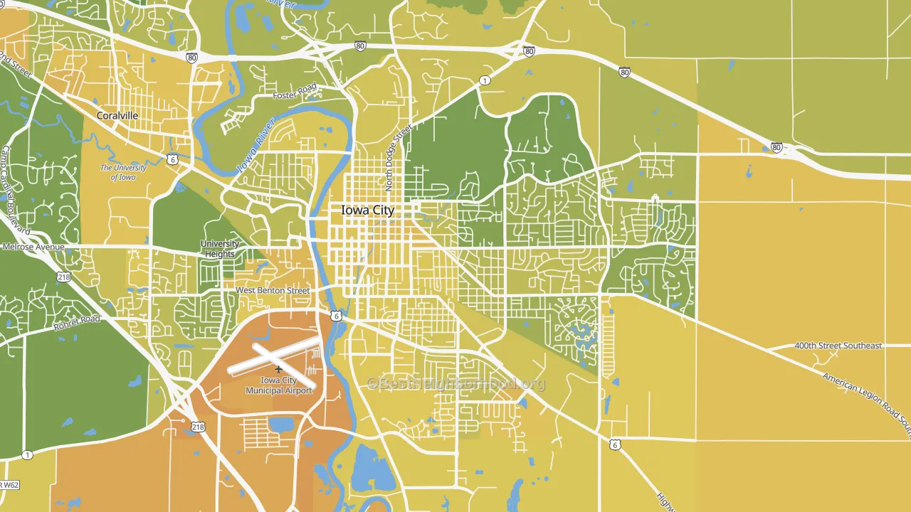 Map of the best neighborhoods in the Longfellow, Iowa City area, with better matches in green and worse matches in red