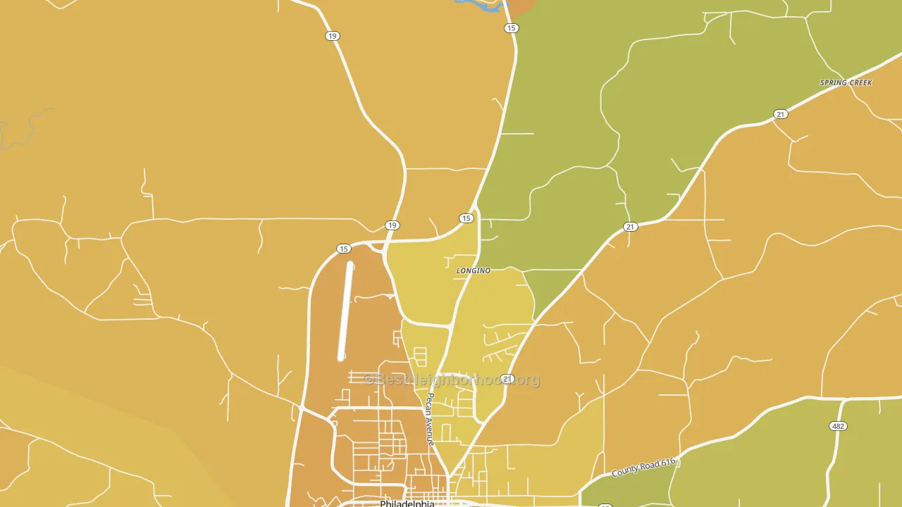 Map of the best neighborhoods in the Longino area, with better matches in green and worse matches in red