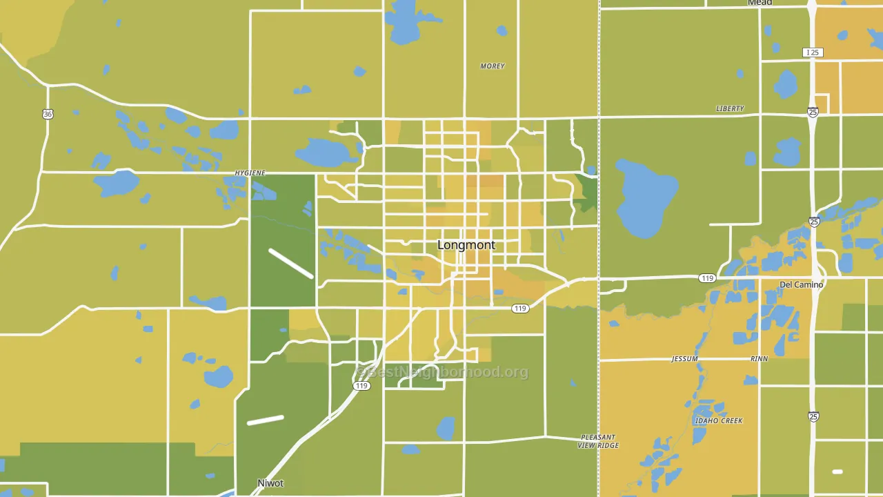 Map of the best neighborhoods in the Longmont area, with better matches in green and worse matches in red
