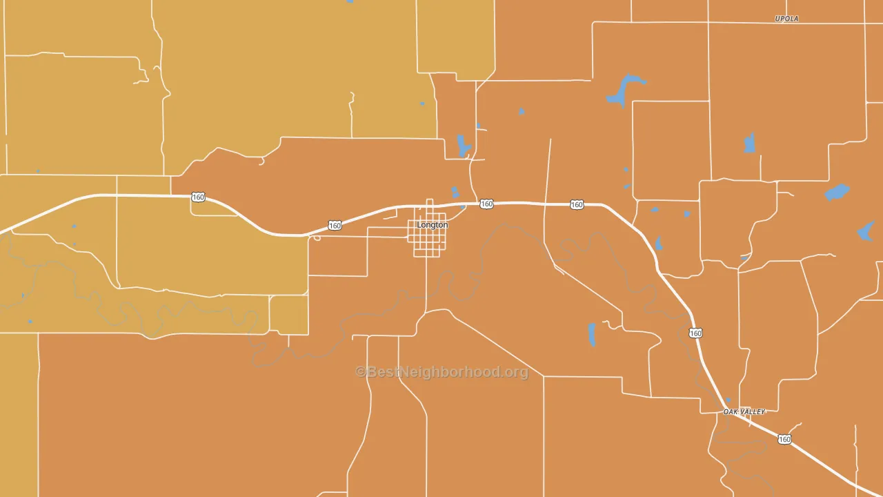 Map of the best neighborhoods in the Longton area, with better matches in green and worse matches in red