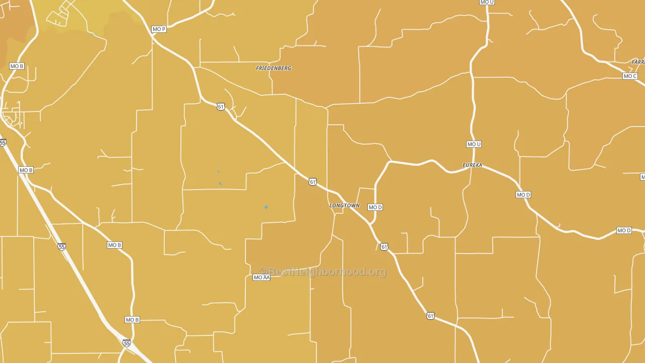 Map of the best neighborhoods in the Longtown area, with better matches in green and worse matches in red