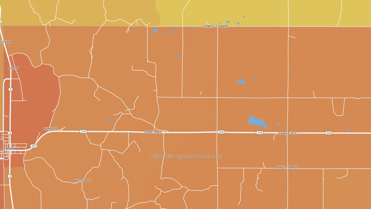 Map of the best neighborhoods in the Longtown area, with better matches in green and worse matches in red