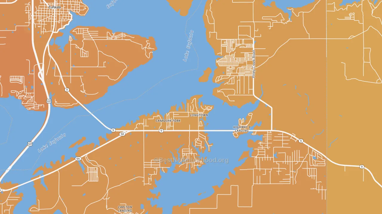Map of the best neighborhoods in the Longtown area, with better matches in green and worse matches in red