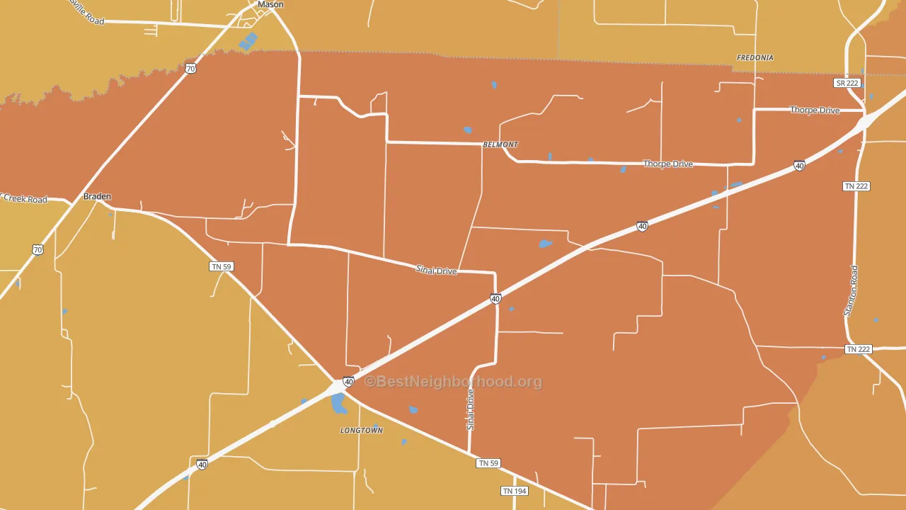 Map of the best neighborhoods in the Longtown area, with better matches in green and worse matches in red