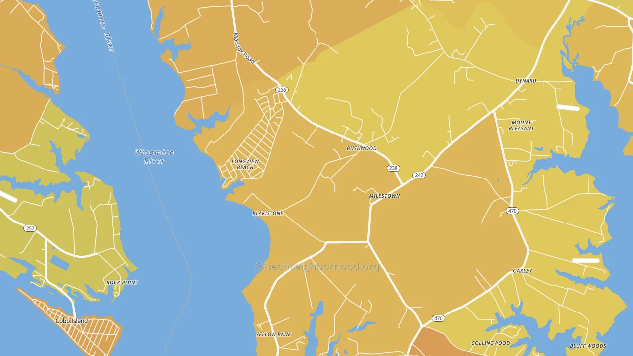 Map of the best neighborhoods in the Longview Beach area, with better matches in green and worse matches in red