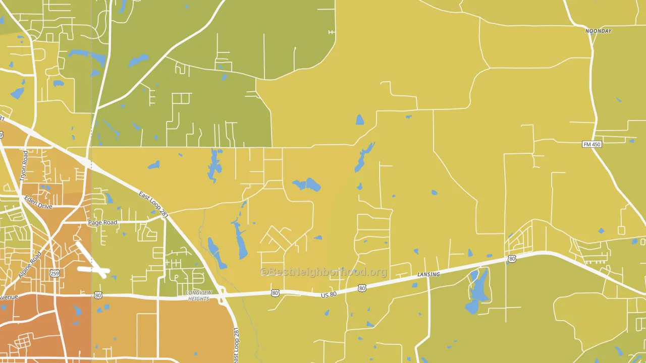 Map of the best neighborhoods in the Longview Heights area, with better matches in green and worse matches in red