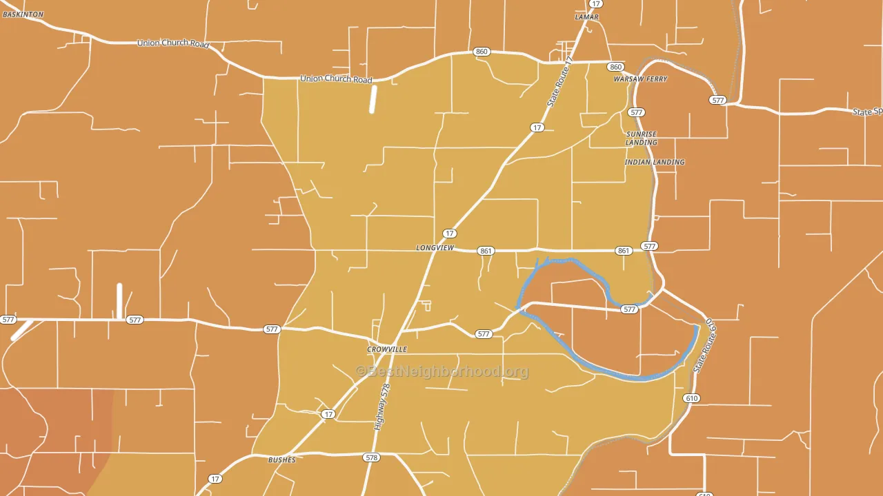 Map of the best neighborhoods in the Longview area, with better matches in green and worse matches in red