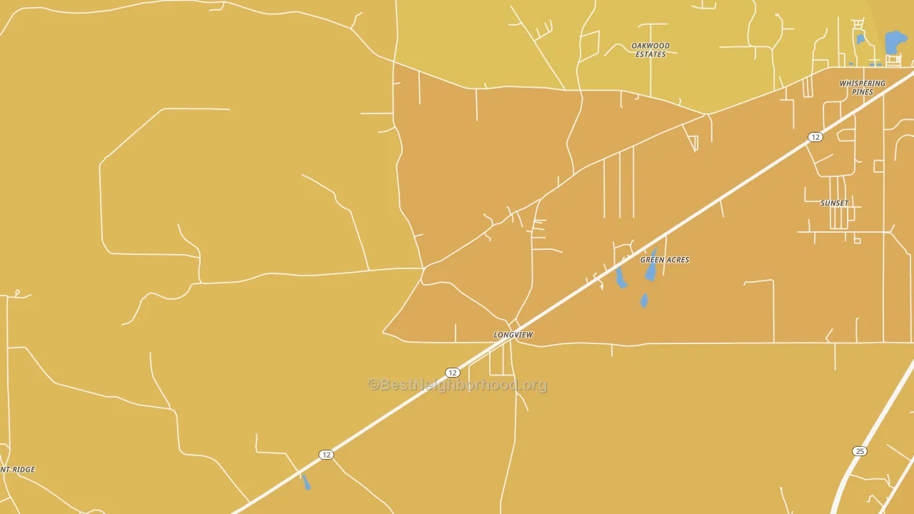 Map of the best neighborhoods in the Longview area, with better matches in green and worse matches in red