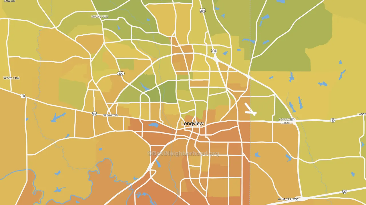 Map of the best neighborhoods in the Longview Metro area, with better matches in green and worse matches in red
