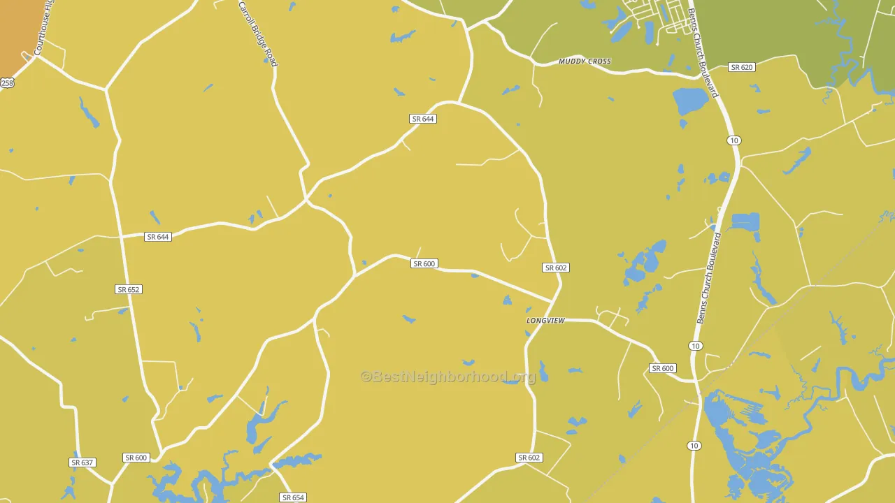 Map of the best neighborhoods in the Longview area, with better matches in green and worse matches in red