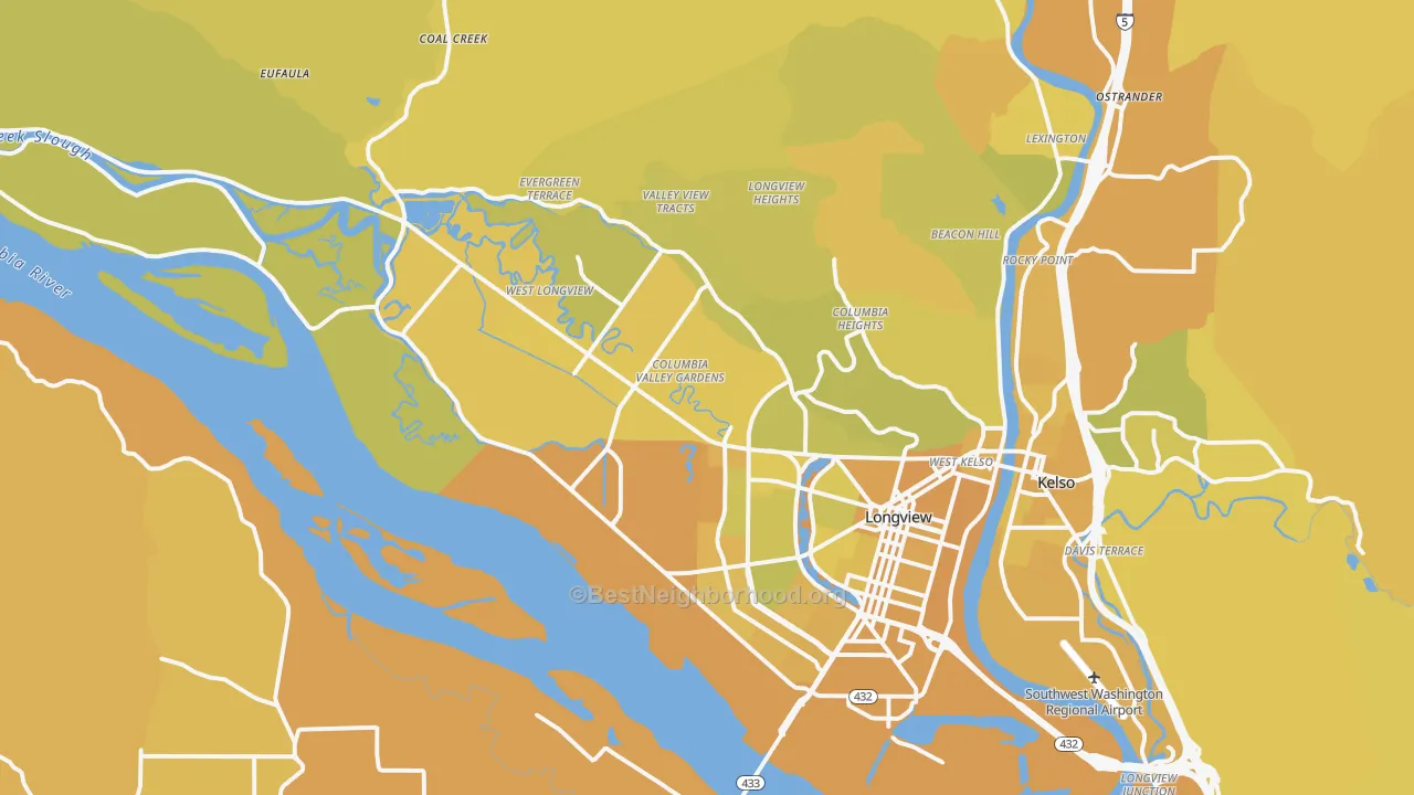 Map of the best neighborhoods in the Longview Metro area, with better matches in green and worse matches in red