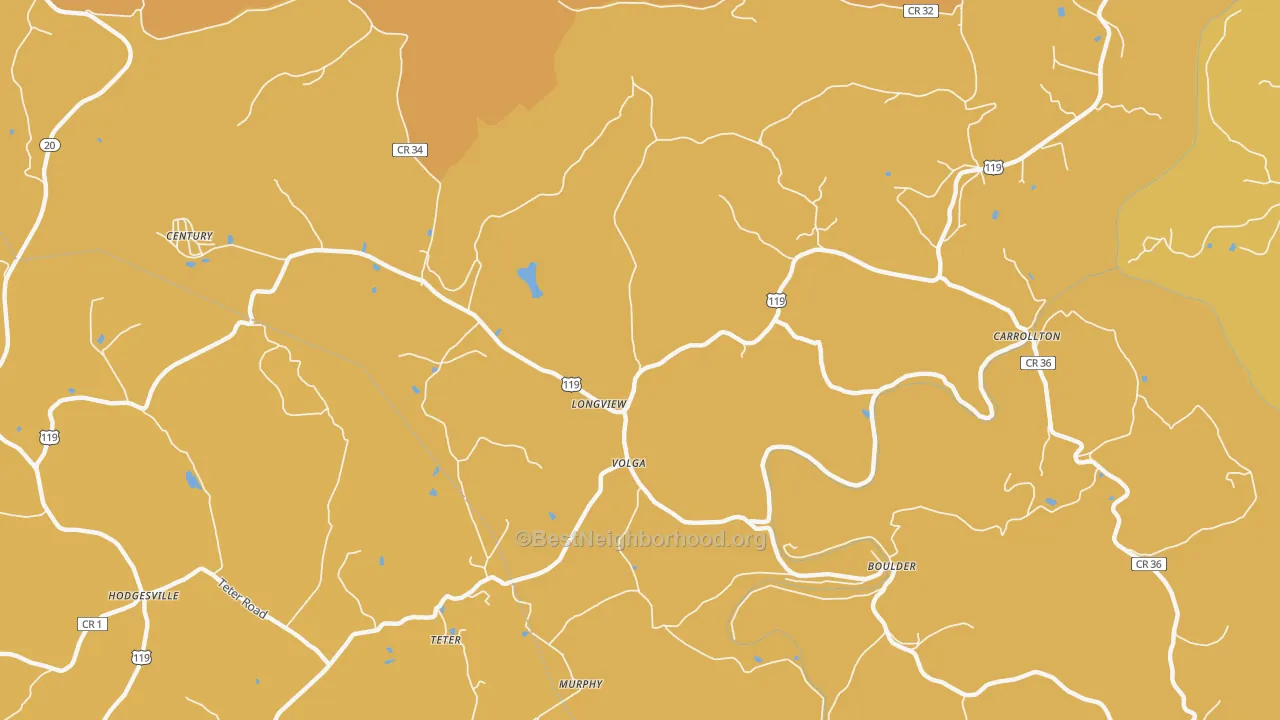 Map of the best neighborhoods in the Longview area, with better matches in green and worse matches in red