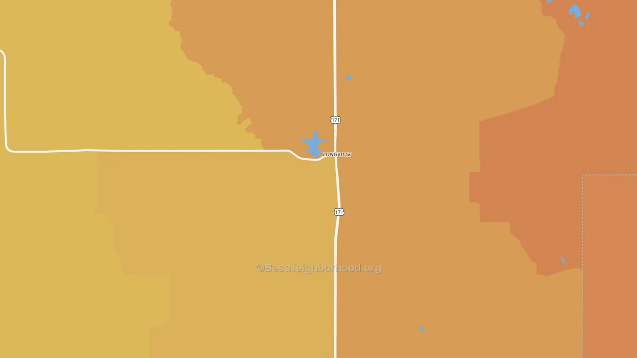 Map of the best neighborhoods in the Longville area, with better matches in green and worse matches in red