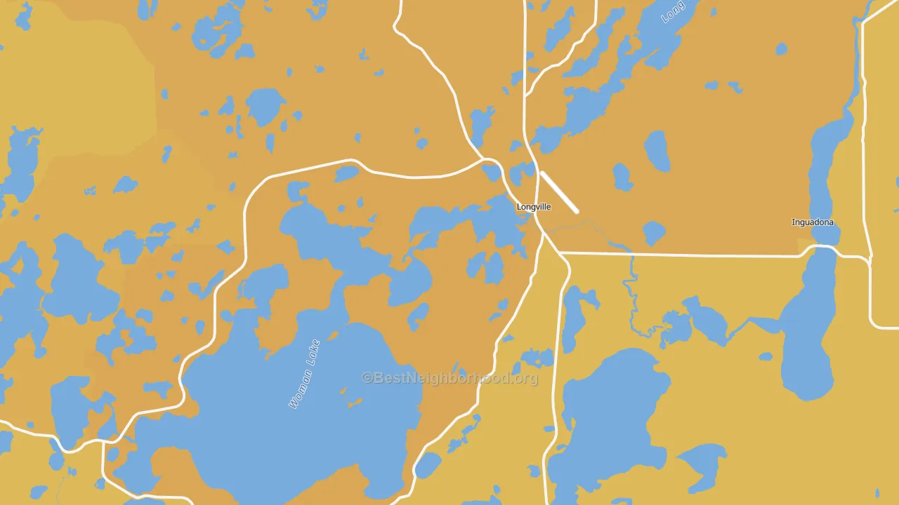 Map of the best neighborhoods in the Longville area, with better matches in green and worse matches in red