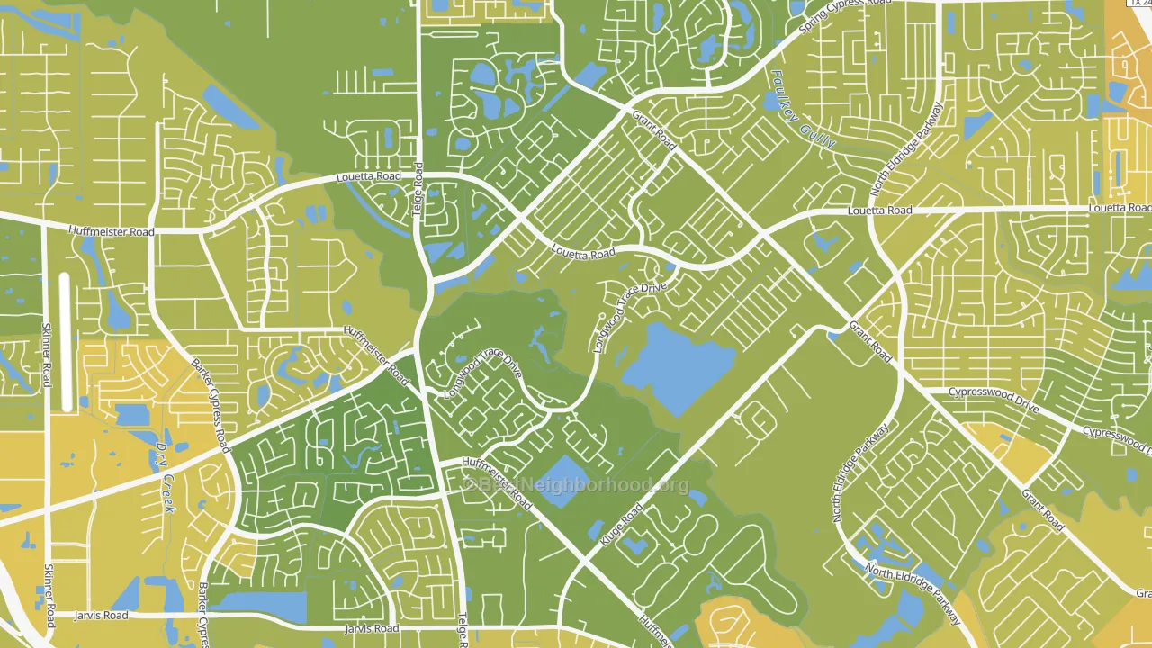 Map of the best neighborhoods in the Longwood, Cypress area, with better matches in green and worse matches in red