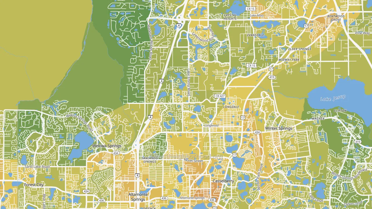 Map of the best neighborhoods in the Longwood area, with better matches in green and worse matches in red