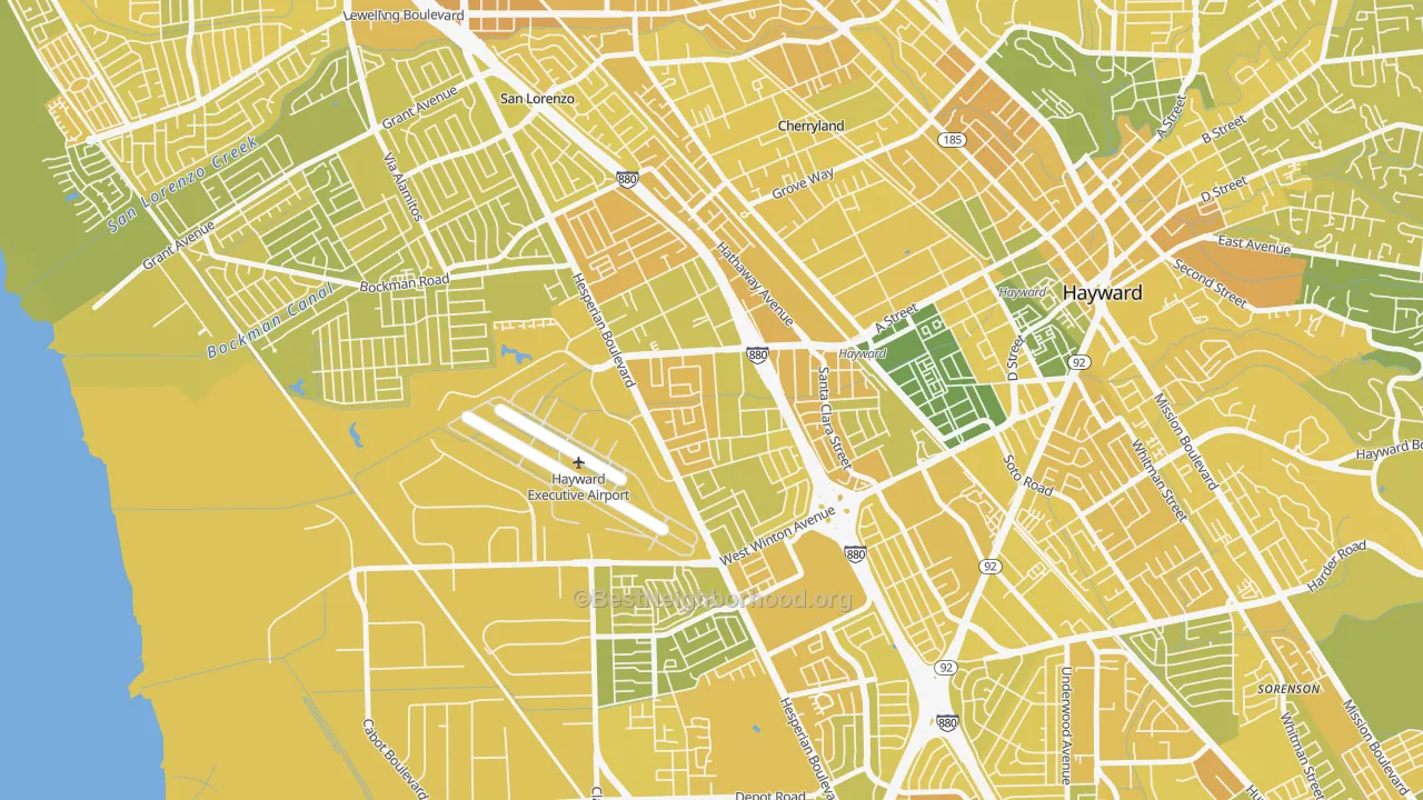 Map of the best neighborhoods in the Longwood-Winton Grove, Hayward area, with better matches in green and worse matches in red