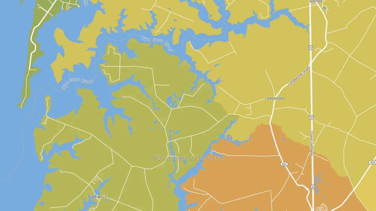 Map of the best neighborhoods in the Longwoods area, with better matches in green and worse matches in red