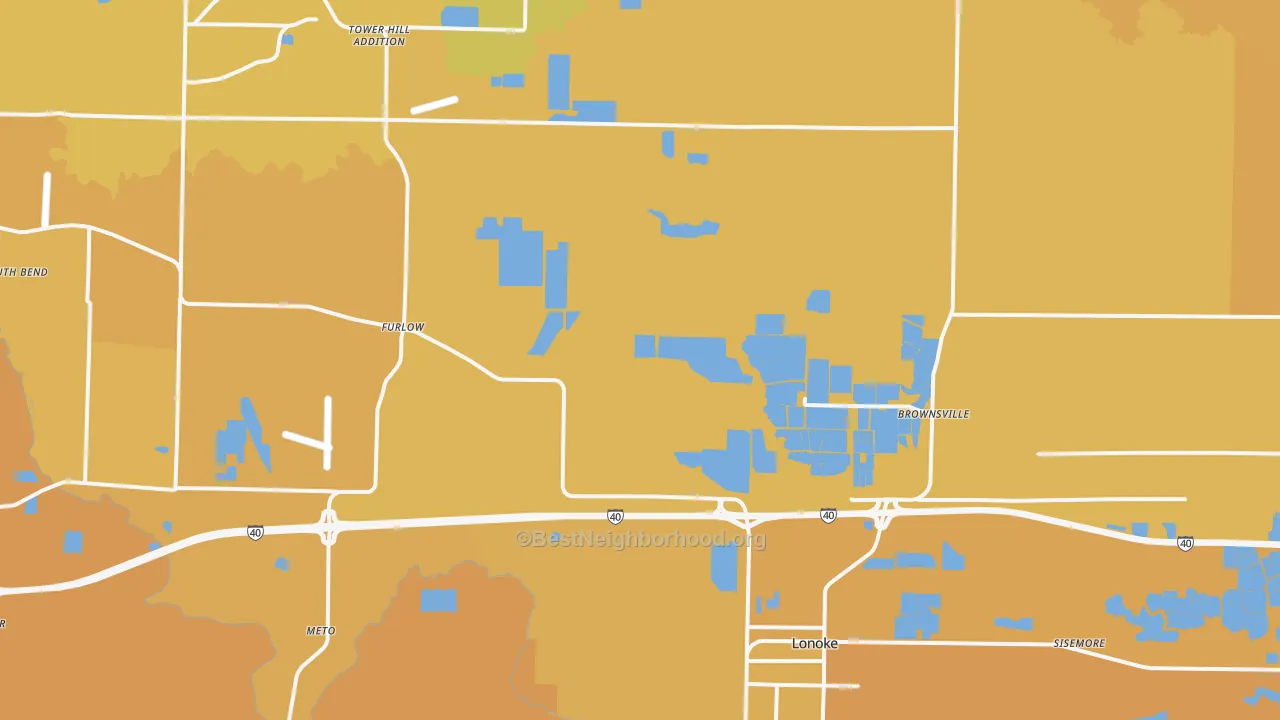 Map of the best neighborhoods in the Lonoke area, with better matches in green and worse matches in red